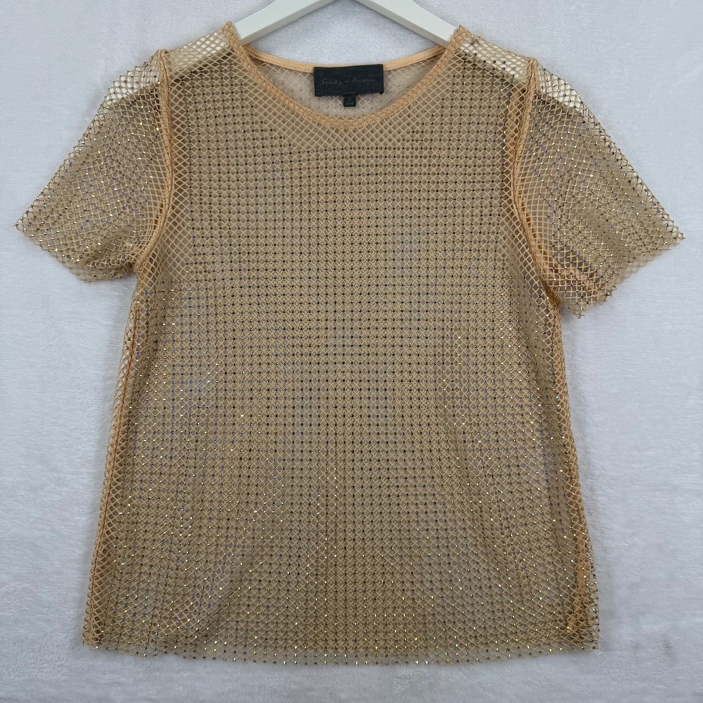 Sunday in Brooklyn Nude Mesh sparkle Rhinestone Fishnet Short Sleeve TShirt S